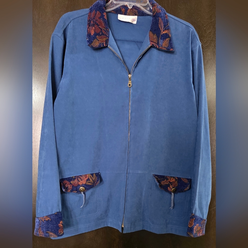 Susan Graver Navy Jacket Embroidered Floral Trim Women's Size L (Read Descript)